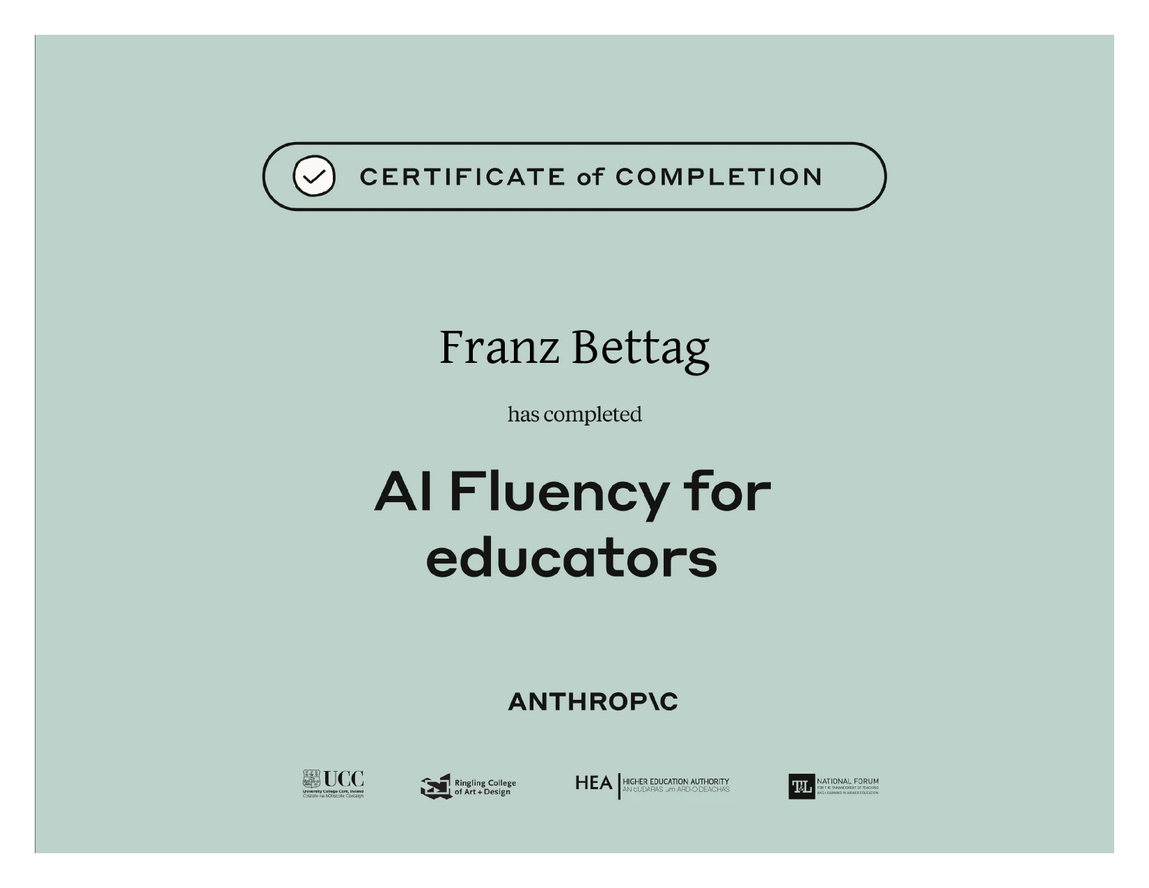 Course certificate awarded to Franz Bettag: AI Fluency for Educators