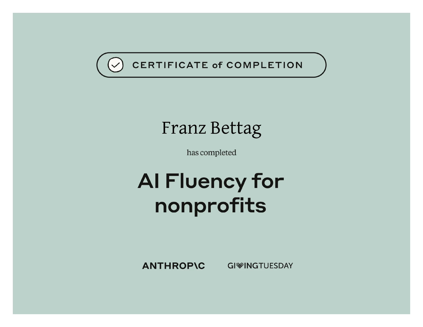 Course certificate awarded to Franz Bettag: AI Fluency for Non-Profits