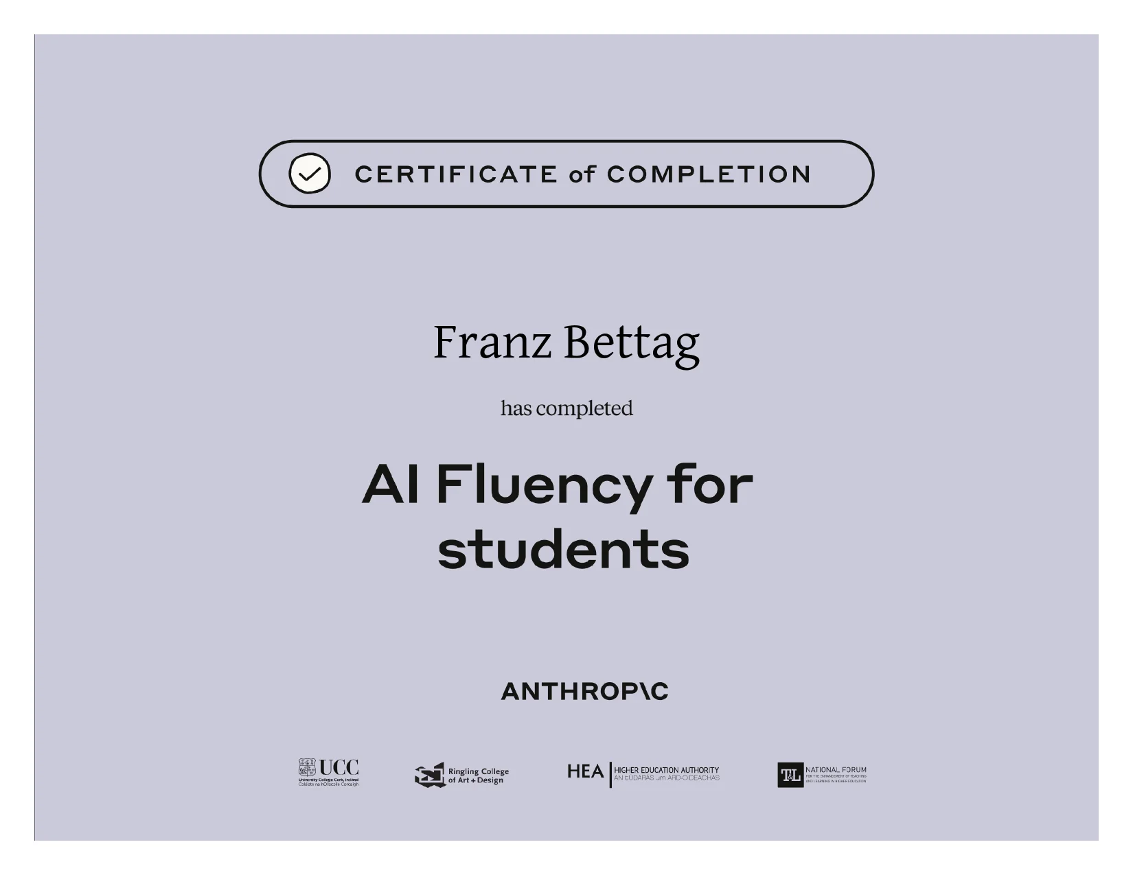 Course certificate awarded to Franz Bettag: AI Fluency for Students