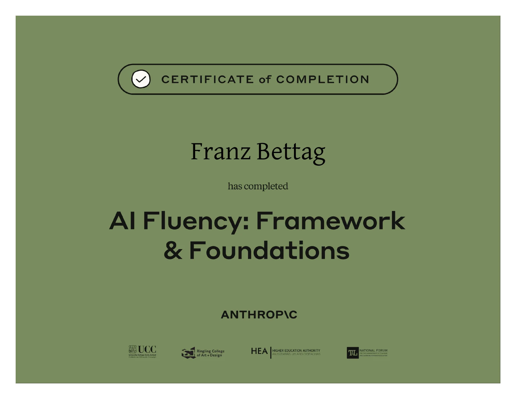 Course certificate awarded to Franz Bettag: AI Fluency Framework and Foundations
