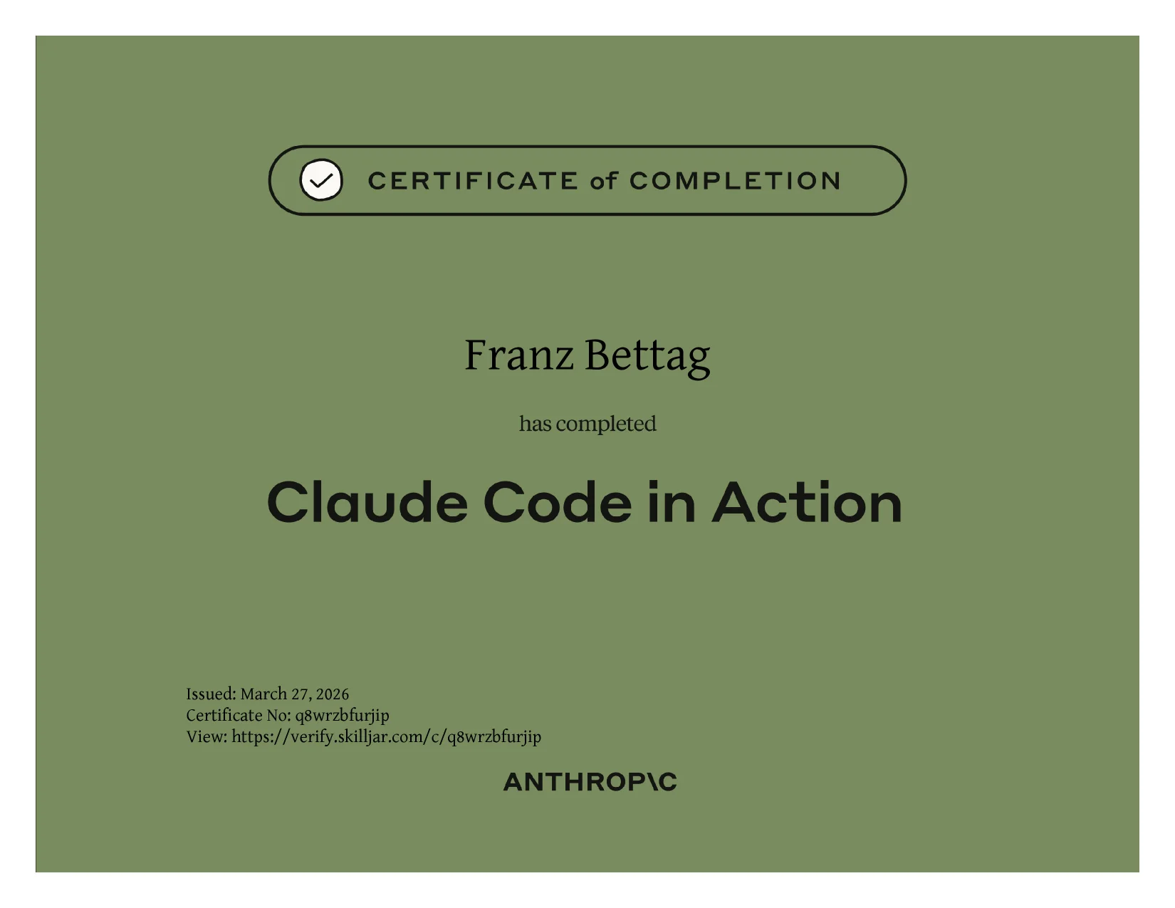 Course certificate awarded to Franz Bettag: Claude Code in Action