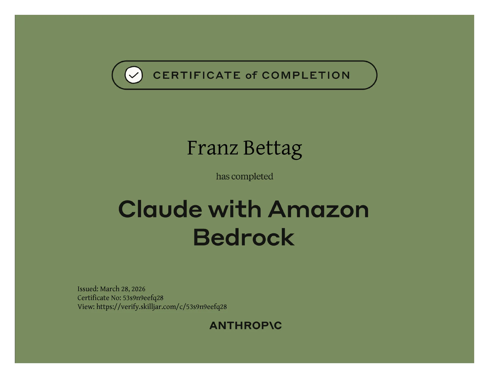 Course certificate awarded to Franz Bettag: Claude with Amazon Bedrock