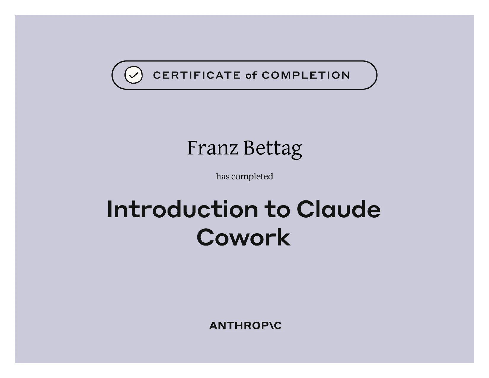 Course certificate awarded to Franz Bettag: Introduction to Claude Cowork