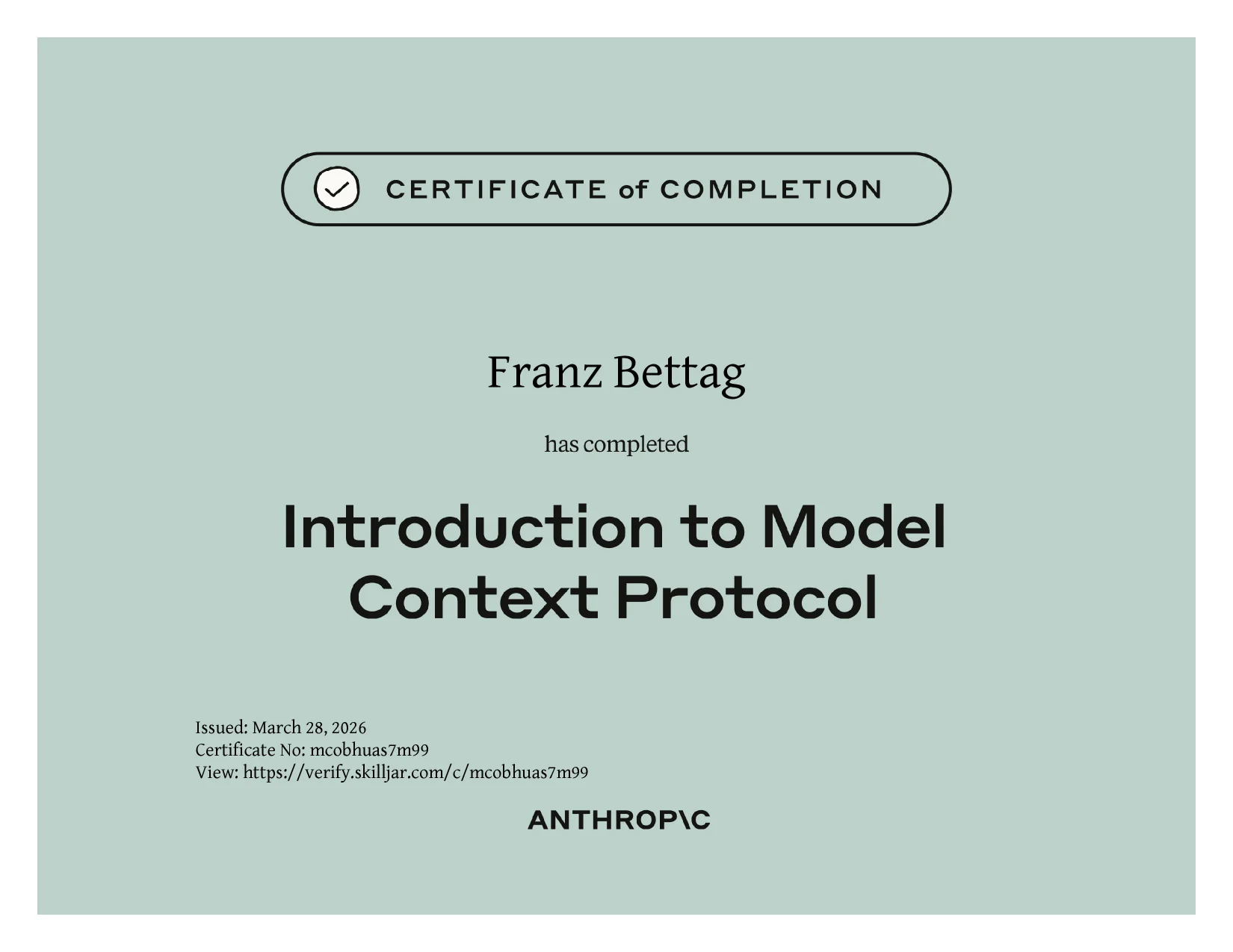 Course certificate awarded to Franz Bettag: Introduction to Model Context Protocol