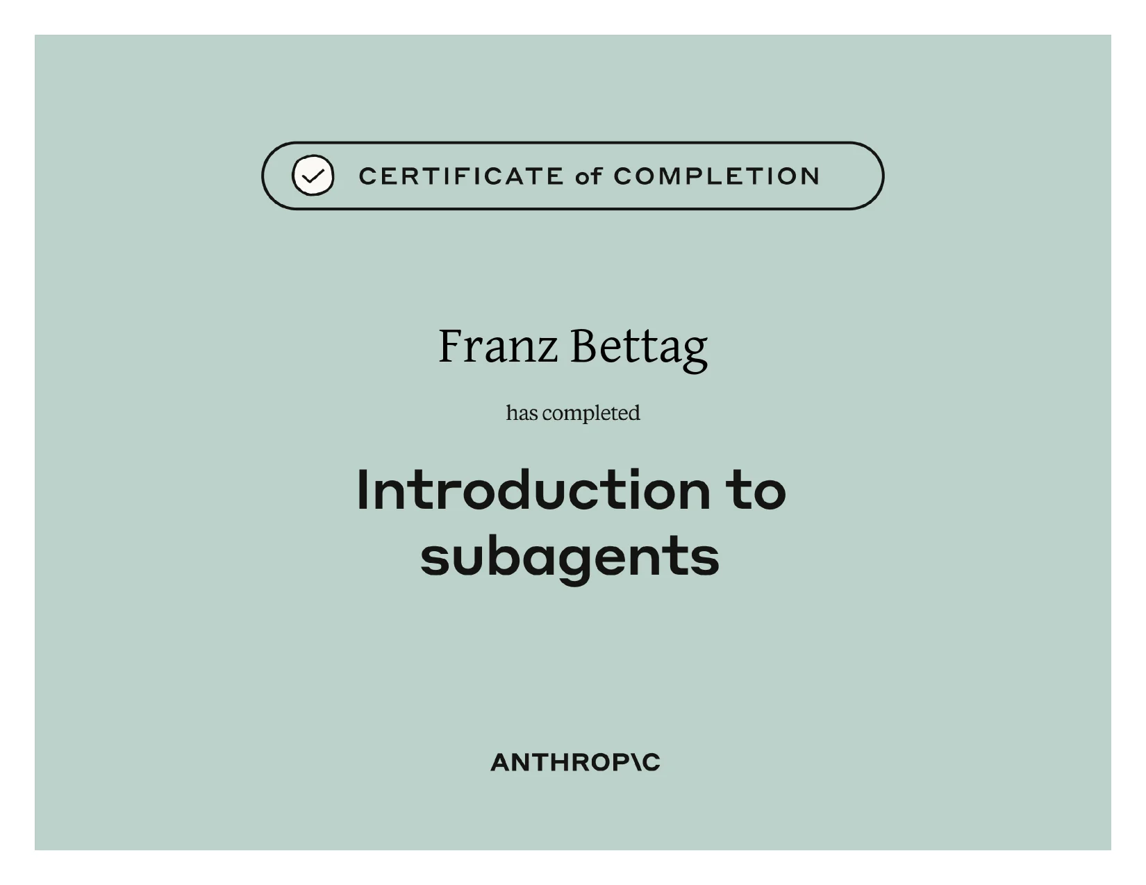 Course certificate awarded to Franz Bettag: Introduction to Subagents