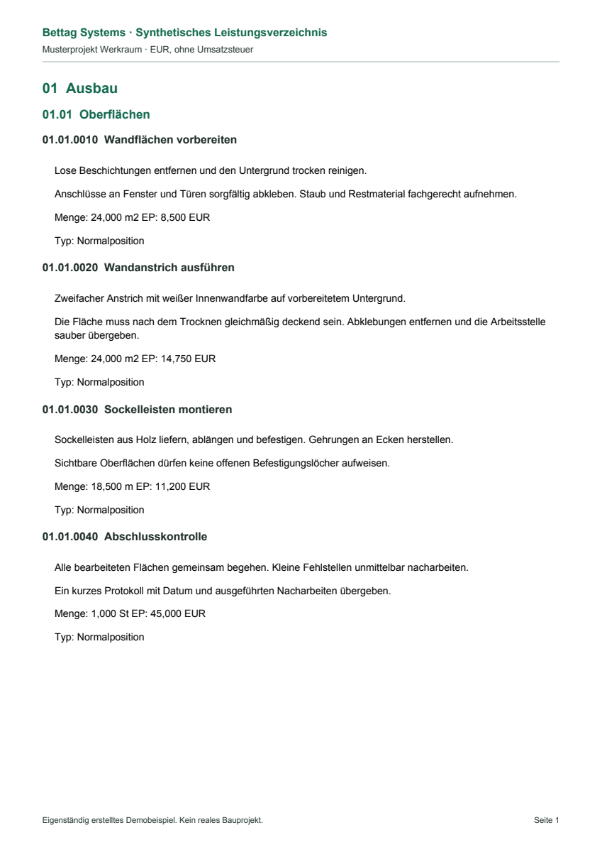 Fiktives Musterprojekt Werkraum mit vier Ausbaupositionen, vollständigen Leistungstexten, Mengen und Einheitspreisen.