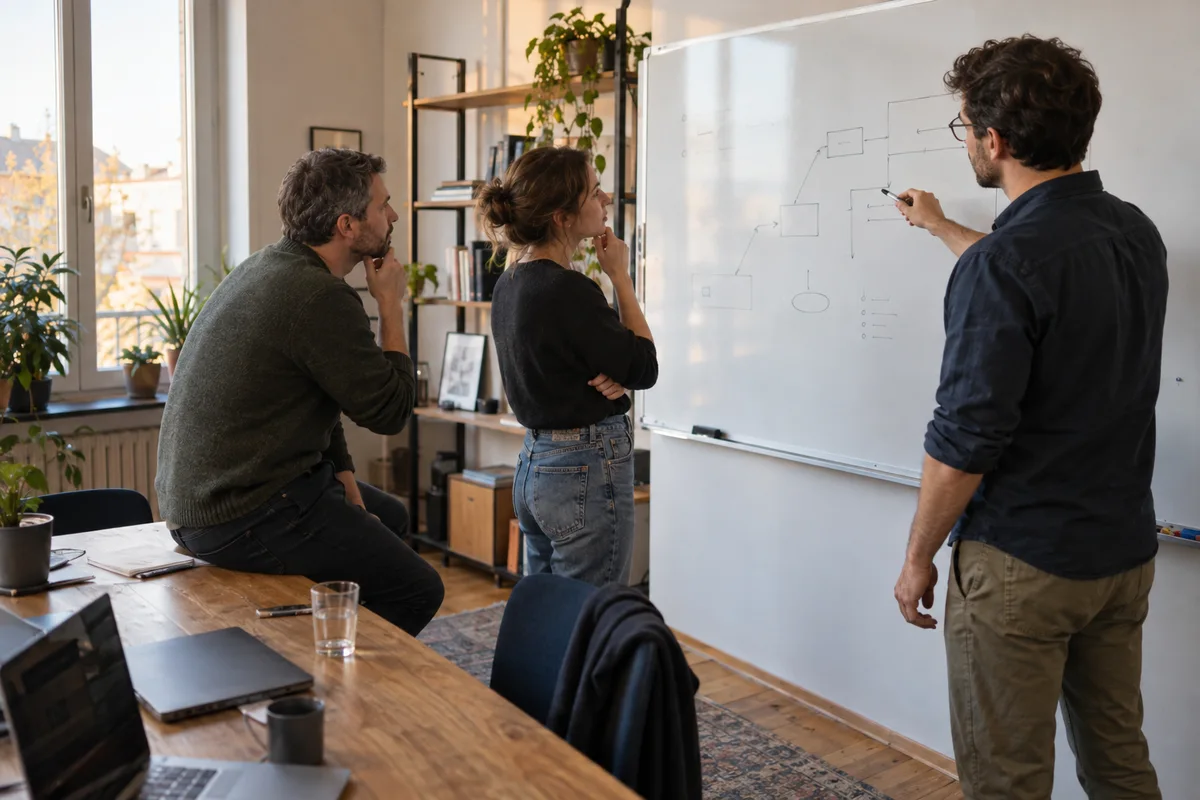 Illustrative Szene: Team bespricht Abläufe am Whiteboard